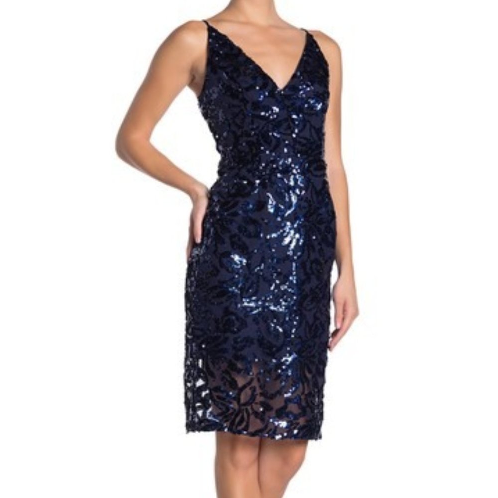 Eliza J V-Neck Sleeveless Blue Sequin Sheath Dress